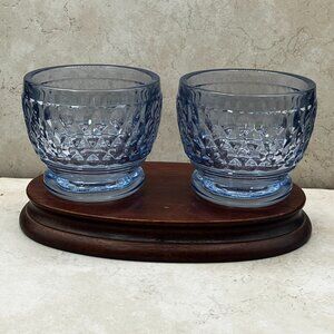 Set Of 2 Villeroy & Boch Boston Blue 3” Round Crystal Bowls Diamond Fauceted